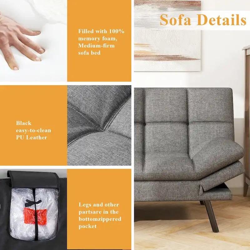 Divano Letto Futon in Memory Foam in Ecopelle, Divano Convertibile con Schienale Diviso Regolabile e Braccioli per Spazi Ridotti, Grigio