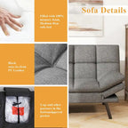 Divano Letto Futon in Memory Foam in Ecopelle, Divano Convertibile con Schienale Diviso Regolabile e Braccioli per Spazi Ridotti, Grigio