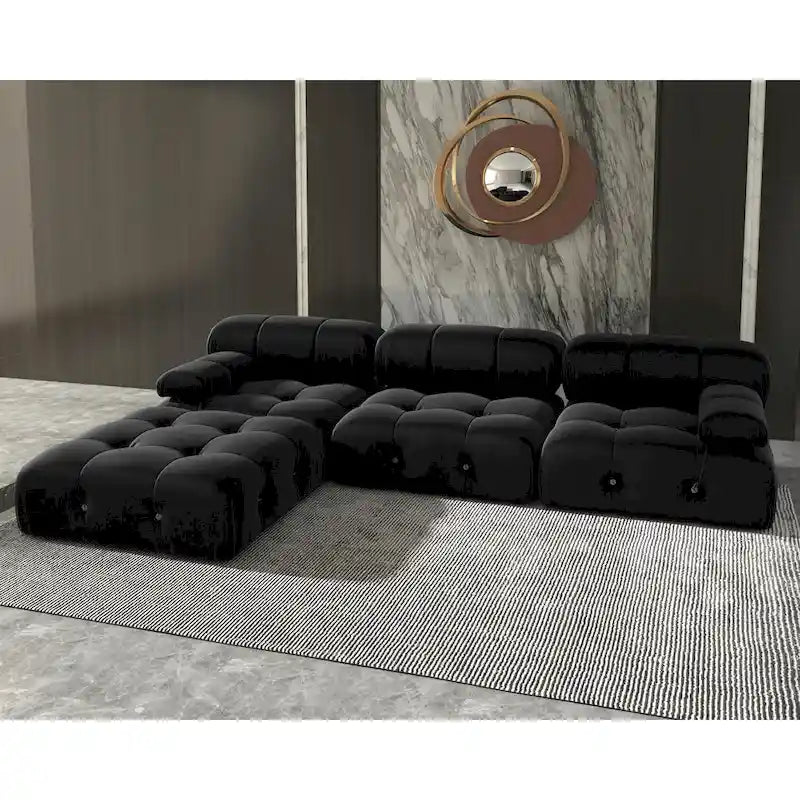 Divano sezionale a L modulare convertibile – Divano minimalista in velluto con chaise longue e pouf