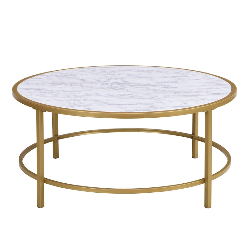 Tavolino da caffè rotondo 36" con ripiano in finto marmo e base verniciata a polvere color oro