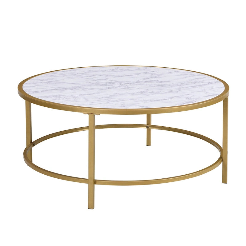Tavolino da caffè rotondo 36" con ripiano in finto marmo e base verniciata a polvere color oro