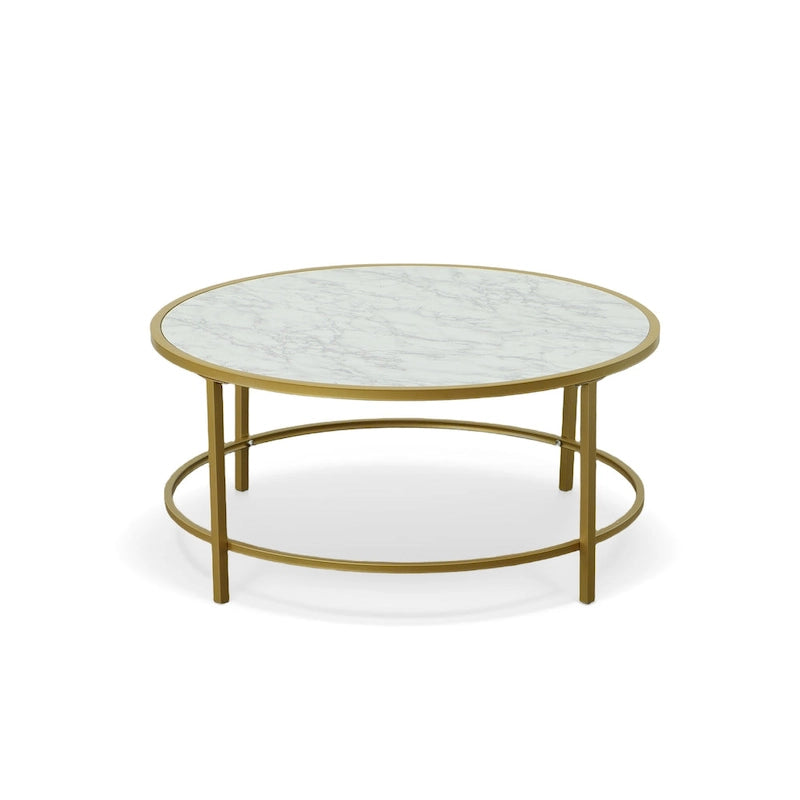 Tavolino da caffè rotondo 36" con ripiano in finto marmo e base verniciata a polvere color oro