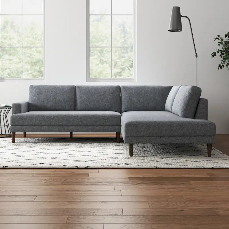 Divano angolare componibile in tessuto Mid-Century Modern con gambe in legno massello