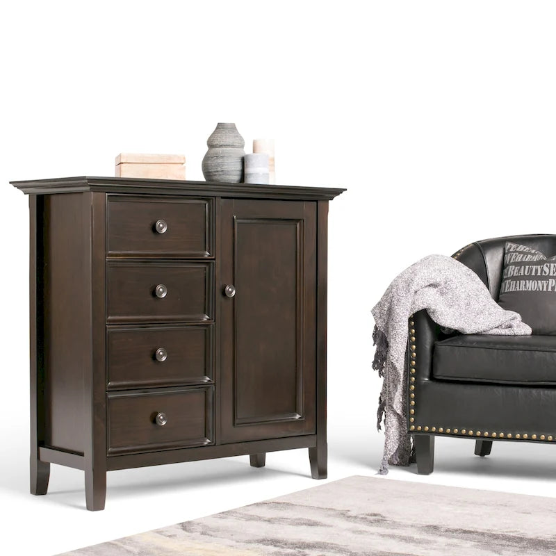 Armadio contenitore medio a 4 cassetti in legno massiccio, larghezza 94 cm, con ripiani regolabili