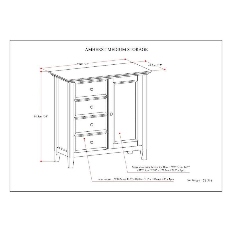 Armadio contenitore medio a 4 cassetti in legno massiccio, larghezza 94 cm, con ripiani regolabili