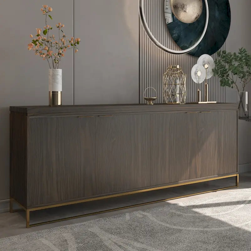 Mobile dispensa a 4 ante con venatura del legno e gambe in metallo dorato, 81.5"L