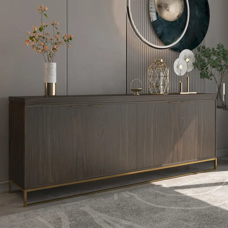 Mobile dispensa a 4 ante con venatura del legno e gambe in metallo dorato, 81.5"L