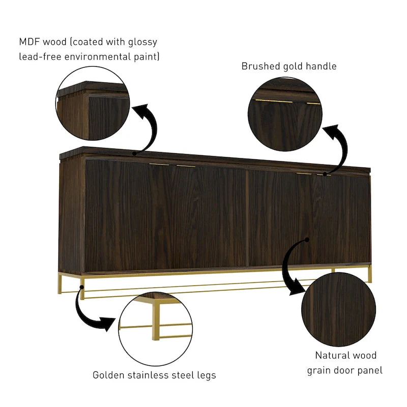 Mobile dispensa a 4 ante con venatura del legno e gambe in metallo dorato, 81.5"L
