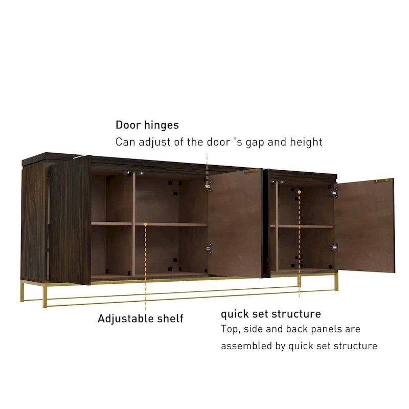 Mobile dispensa a 4 ante con venatura del legno e gambe in metallo dorato, 81.5"L