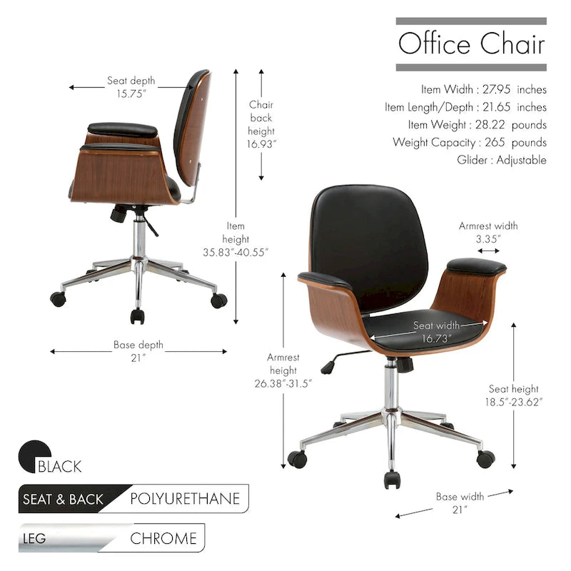 Sedia da ufficio in similpelle stile Mid-Century Modern con altezza regolabile e rotelle