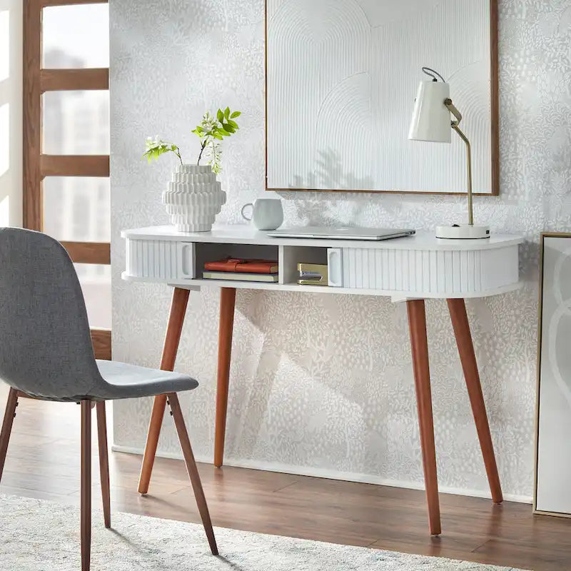 Scrivania Mid-Century Moderna con Contenitore Nascosto | MDF e Gambe in Legno di Gomma