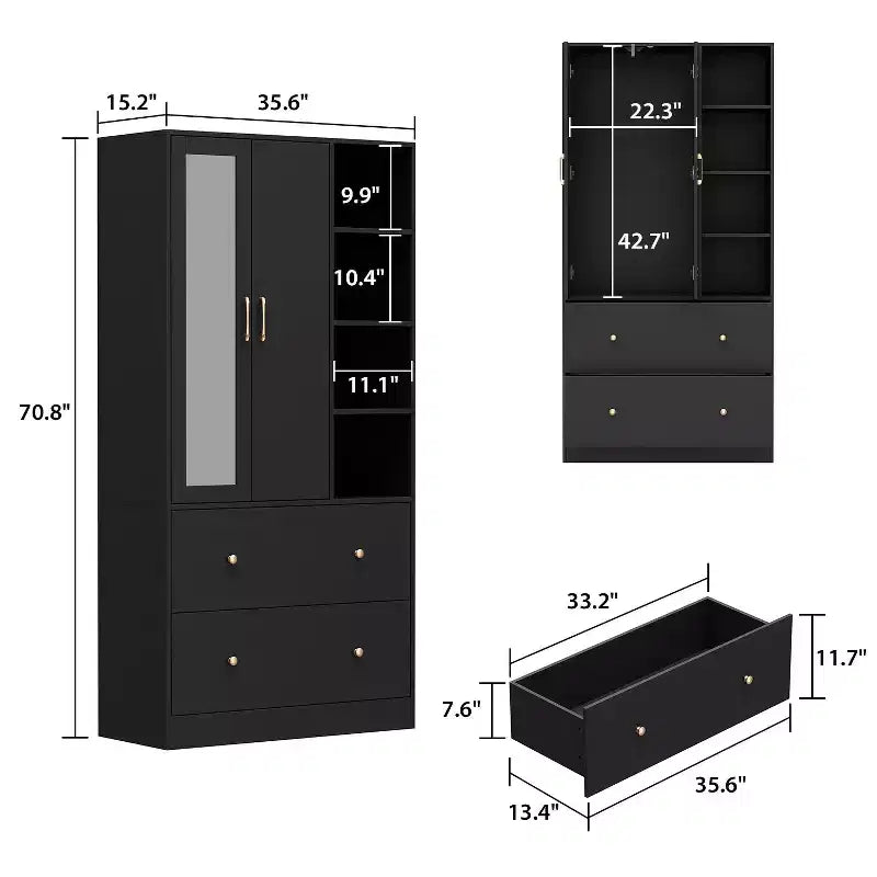 Famapy Armadio 2 Ante con Asta Appendiabiti e Specchio 2 Cassetti
