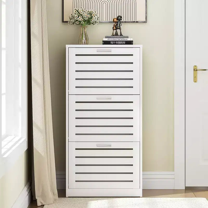 VECELO Scarpiera a 3 Ripiani per Ingresso con 3 Cassetti a Scomparsa, Organizer Slim Autoportante, Bianco