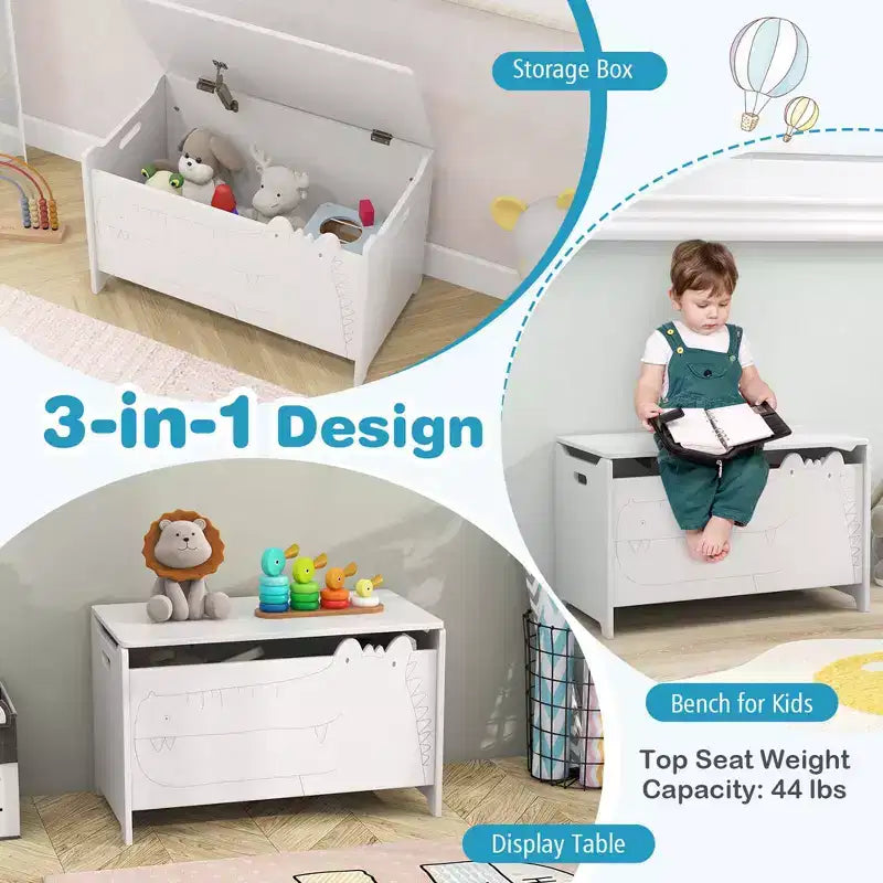 Costway Baule Portagiochi per Bambini con Coperchio a Cerniera di Sicurezza, Contenitore Organizzatore in Legno con Coperchio Ribaltabile, Bianco/Verde