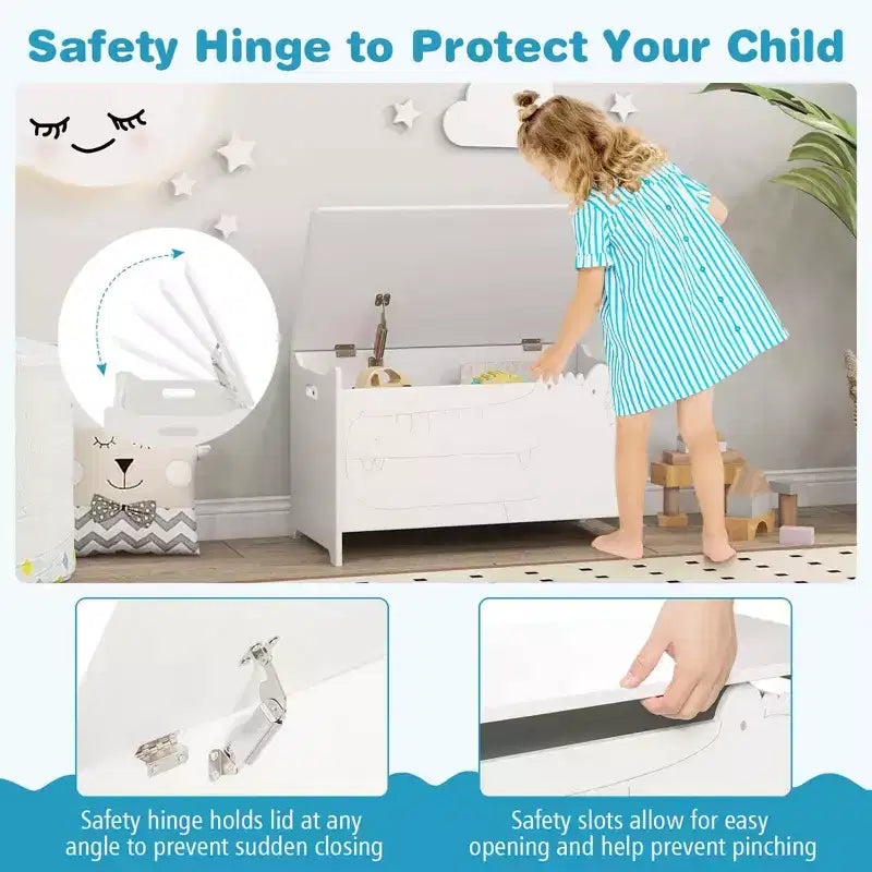Costway Baule Portagiochi per Bambini con Coperchio a Cerniera di Sicurezza, Contenitore Organizzatore in Legno con Coperchio Ribaltabile, Bianco/Verde