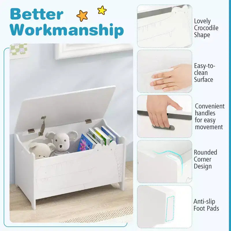 Costway Baule Portagiochi per Bambini con Coperchio a Cerniera di Sicurezza, Contenitore Organizzatore in Legno con Coperchio Ribaltabile, Bianco/Verde