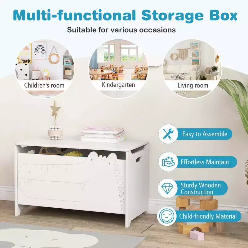 Costway Baule Portagiochi per Bambini con Coperchio a Cerniera di Sicurezza, Contenitore Organizzatore in Legno con Coperchio Ribaltabile, Bianco/Verde