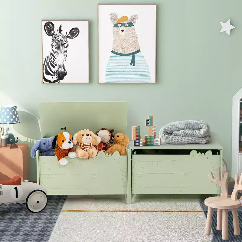Costway Baule Portagiochi per Bambini con Coperchio a Cerniera di Sicurezza, Contenitore Organizzatore in Legno con Coperchio Ribaltabile, Bianco/Verde