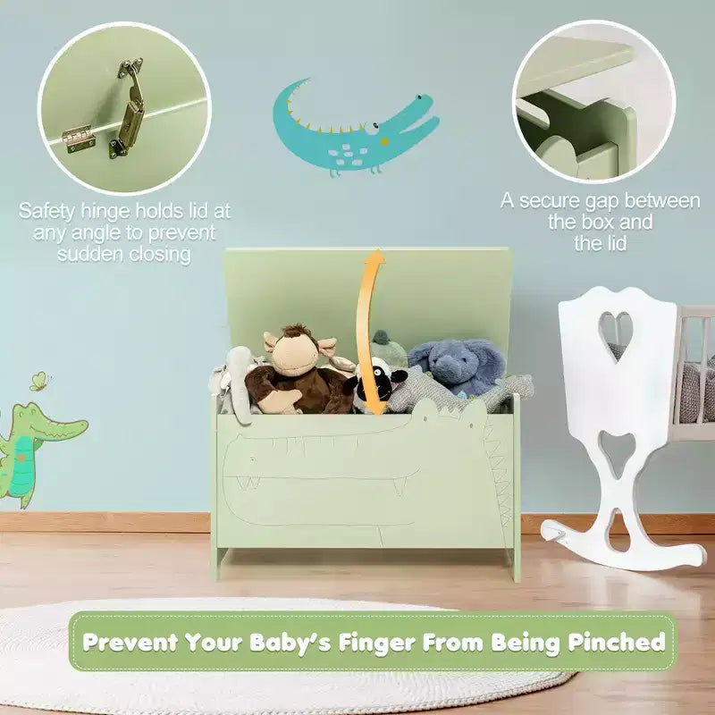 Costway Baule Portagiochi per Bambini con Coperchio a Cerniera di Sicurezza, Contenitore Organizzatore in Legno con Coperchio Ribaltabile, Bianco/Verde
