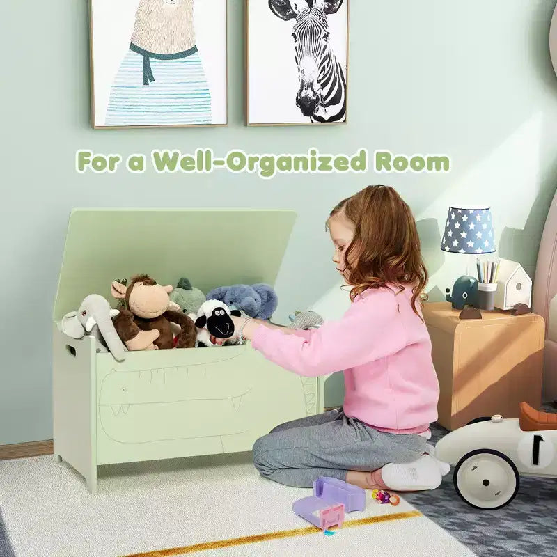 Costway Baule Portagiochi per Bambini con Coperchio a Cerniera di Sicurezza, Contenitore Organizzatore in Legno con Coperchio Ribaltabile, Bianco/Verde