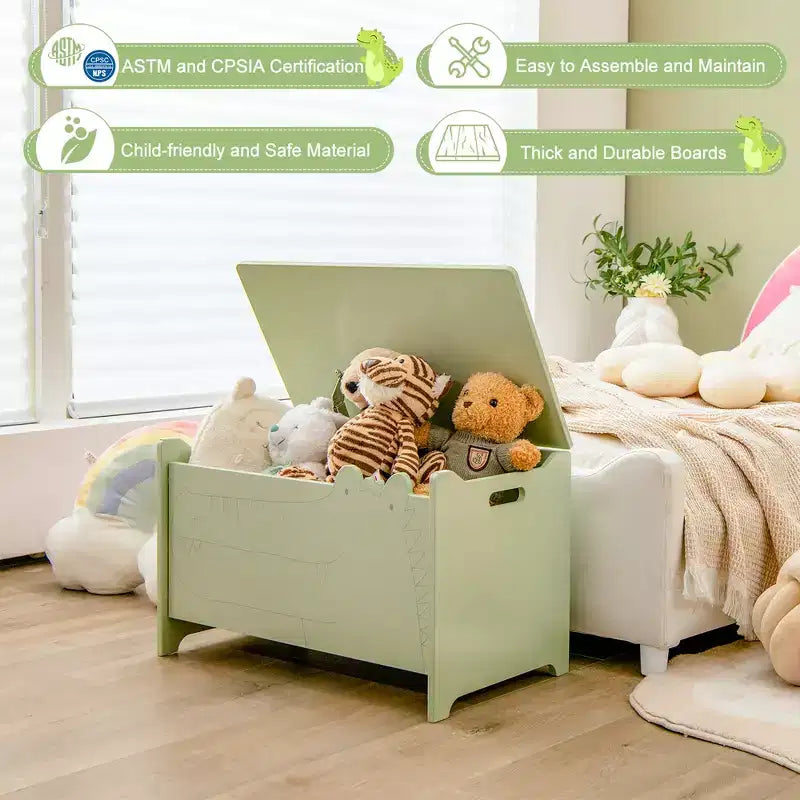 Costway Baule Portagiochi per Bambini con Coperchio a Cerniera di Sicurezza, Contenitore Organizzatore in Legno con Coperchio Ribaltabile, Bianco/Verde