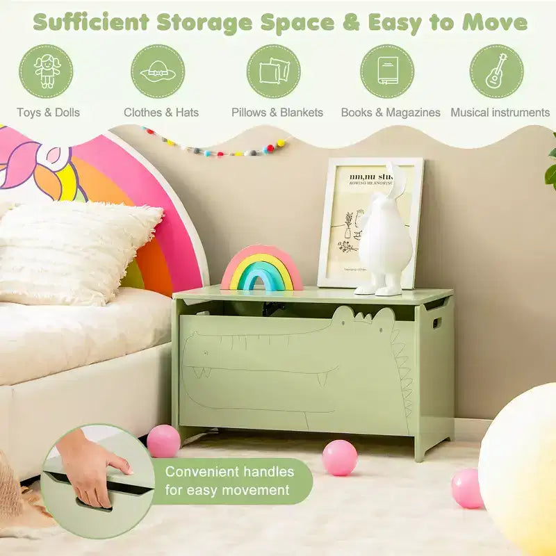 Costway Baule Portagiochi per Bambini con Coperchio a Cerniera di Sicurezza, Contenitore Organizzatore in Legno con Coperchio Ribaltabile, Bianco/Verde