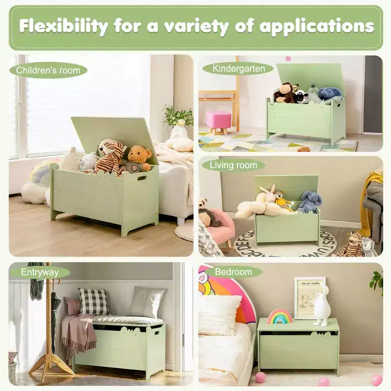 Costway Baule Portagiochi per Bambini con Coperchio a Cerniera di Sicurezza, Contenitore Organizzatore in Legno con Coperchio Ribaltabile, Bianco/Verde