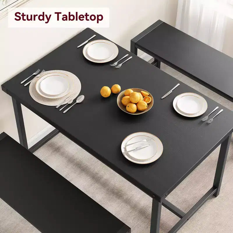 Set tavolo da pranzo per 4 persone, tavolo da cucina con 2 panche in metallo e legno, set tavolo da pranzo rettangolare, per spazi piccoli, appartamenti, monolocali, nero rustico