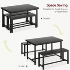Set tavolo da pranzo per 4 persone, tavolo da cucina con 2 panche in metallo e legno, set tavolo da pranzo rettangolare, per spazi piccoli, appartamenti, monolocali, nero rustico
