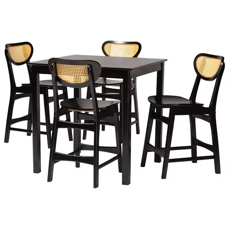 Baxton Studio Hesper Set da Pub 5 Pezzi in Legno e Rattan, Stile Mid-Century Modern