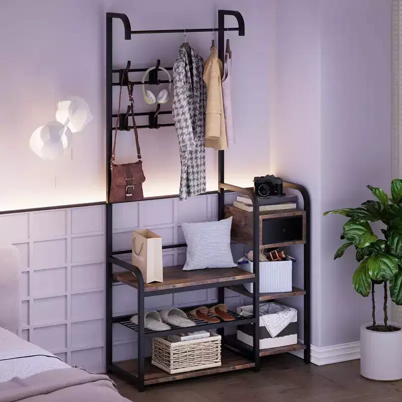 Panca portaoggetti con appendiabiti, 8 robusti ganci, panca da ingresso industriale 5 in 1 con cassetto portaoggetti, appendiabiti per appartamento, camera da letto, marrone rustico