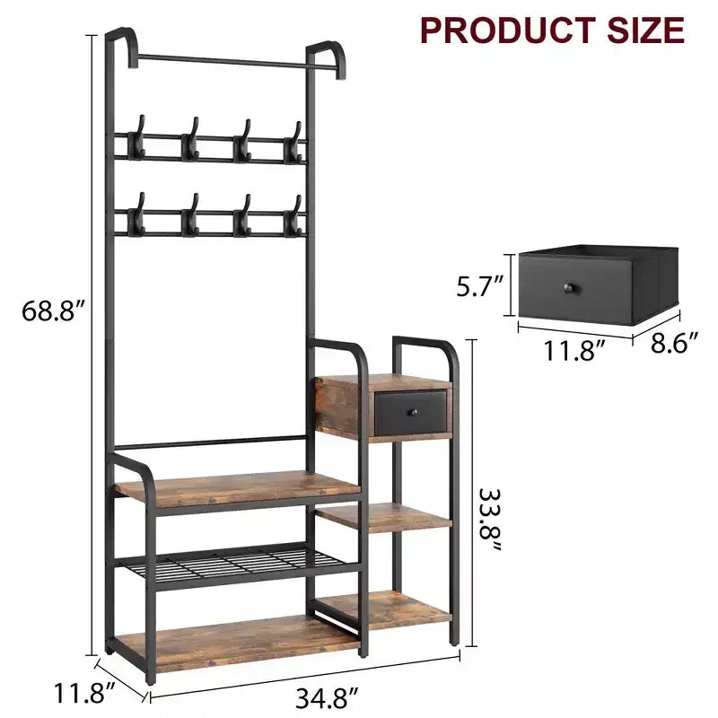 Panca portaoggetti con appendiabiti, 8 robusti ganci, panca da ingresso industriale 5 in 1 con cassetto portaoggetti, appendiabiti per appartamento, camera da letto, marrone rustico