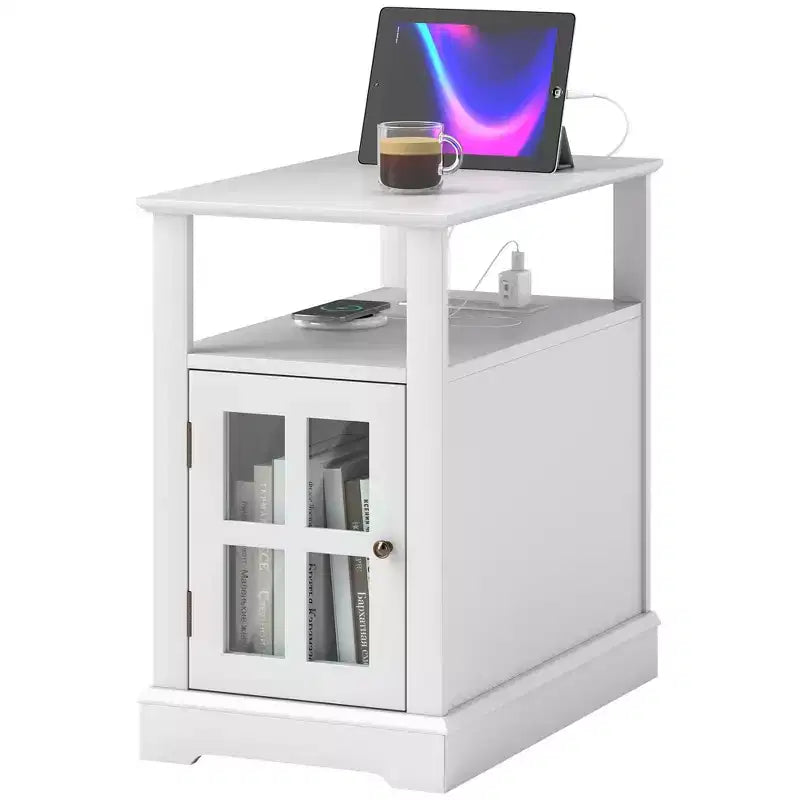 HOMCOM Tavolino Laterale con Stazione di Ricarica, Tavolino Stretto con Porte USB e Prese, Vano Nascosto e Ripiano Aperto per Soggiorno