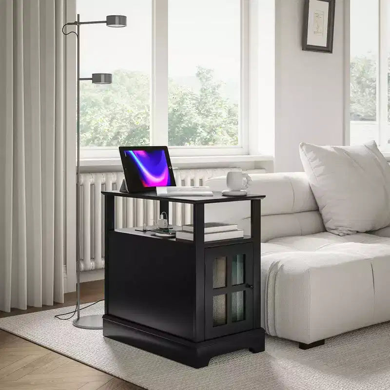 HOMCOM Tavolino Laterale con Stazione di Ricarica, Tavolino Stretto con Porte USB e Prese, Vano Nascosto e Ripiano Aperto per Soggiorno