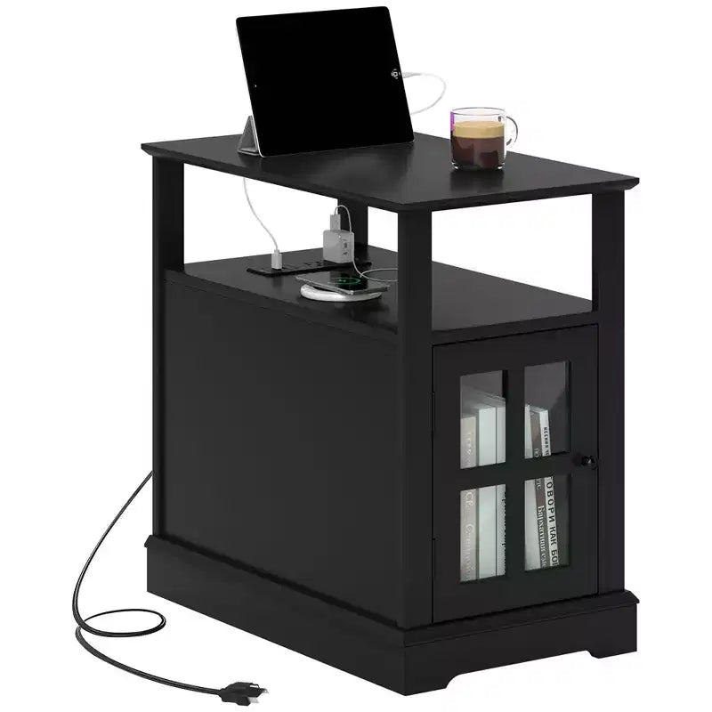 HOMCOM Side Table with Charging Station, Narrow End Table with USB Ports and Outlets, Hidden Storage and Open Shelf for Living Room