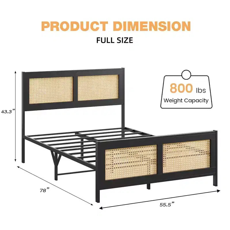 Struttura letto matrimoniale Queen Size con testiera, struttura letto a piattaforma bohémien in rattan con robusto supporto a doghe in metallo, senza bisogno di rete, design silenzioso, nero