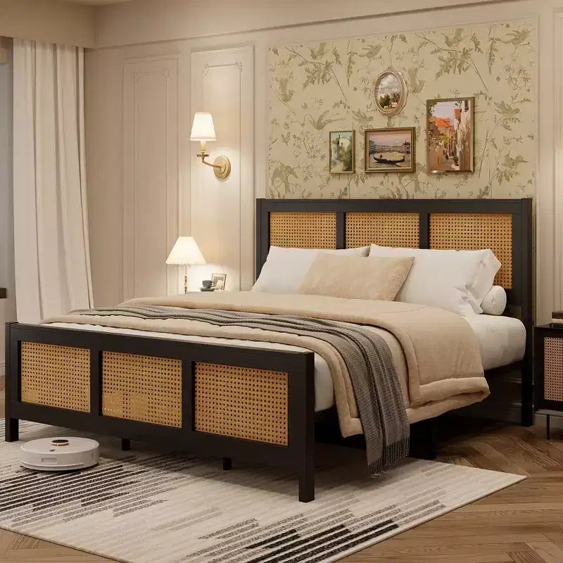 Struttura letto matrimoniale Queen Size con testiera, struttura letto a piattaforma bohémien in rattan con robusto supporto a doghe in metallo, senza bisogno di rete, design silenzioso, nero