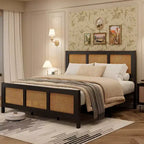 Struttura letto matrimoniale Queen Size con testiera, struttura letto a piattaforma bohémien in rattan con robusto supporto a doghe in metallo, senza bisogno di rete, design silenzioso, nero