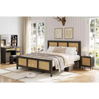 Struttura letto matrimoniale Queen Size con testiera, struttura letto a piattaforma bohémien in rattan con robusto supporto a doghe in metallo, senza bisogno di rete, design silenzioso, nero