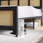 Struttura letto matrimoniale Queen Size con testiera, struttura letto a piattaforma bohémien in rattan con robusto supporto a doghe in metallo, senza bisogno di rete, design silenzioso, nero
