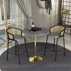 LeisureMod Tavolo da pranzo alto da bar rotondo 36 con piano in pietra sinterizzata e base a piedistallo in acciaio inossidabile dorato Collezione Verve