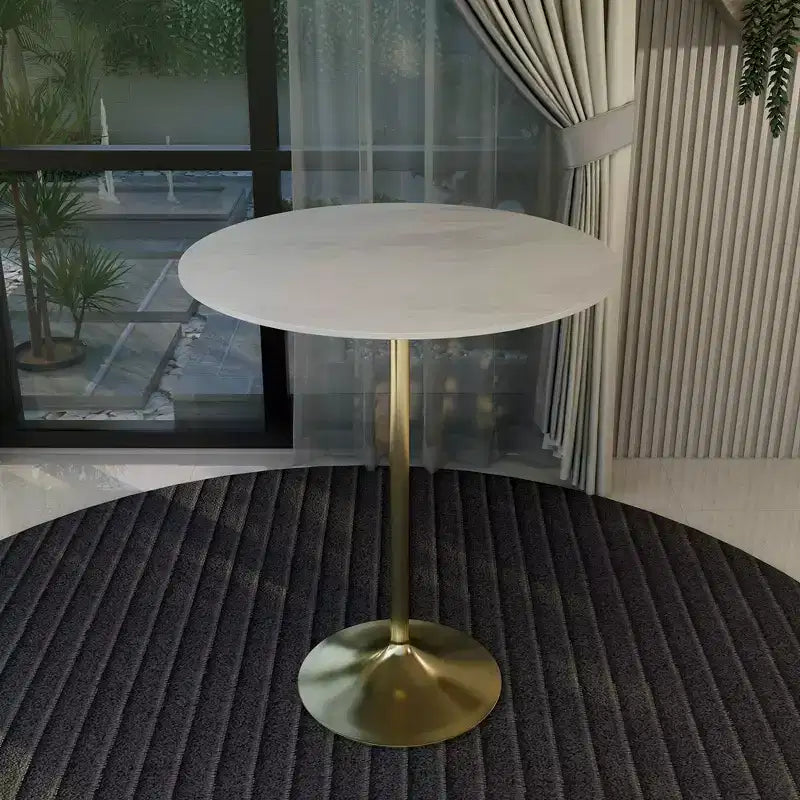 LeisureMod Tavolo da pranzo alto da bar rotondo 36 con piano in pietra sinterizzata e base a piedistallo in acciaio inossidabile dorato Collezione Verve