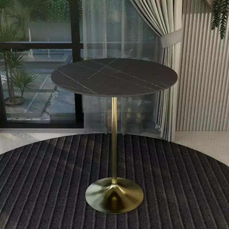 LeisureMod Tavolo da pranzo alto da bar rotondo 36 con piano in pietra sinterizzata e base a piedistallo in acciaio inossidabile dorato Collezione Verve