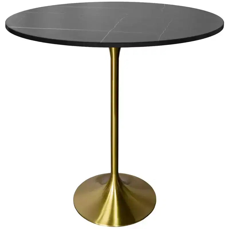 LeisureMod 36 Round Bar Height Dining Table with Sintered Stone Top and Gold Stainless Steel Pedestal Base Verve Collection