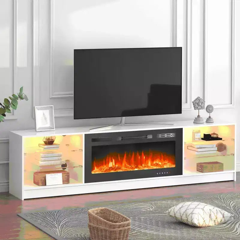 Erommy Mobile TV con Caminetto, con Caminetto Elettrico da 40 Pollici, Centro Intrattenimento con Ripiani Regolabili in Vetro, Console TV per Televisori Fino a 79 Pollici