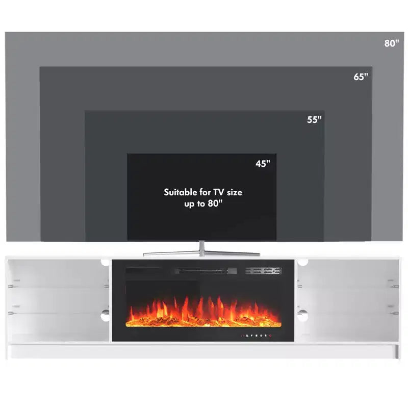 Erommy Mobile TV con Caminetto, con Caminetto Elettrico da 40 Pollici, Centro Intrattenimento con Ripiani Regolabili in Vetro, Console TV per Televisori Fino a 79 Pollici