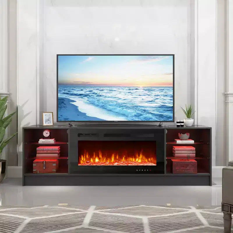 Erommy Mobile TV con Caminetto, con Caminetto Elettrico da 40 Pollici, Centro Intrattenimento con Ripiani Regolabili in Vetro, Console TV per Televisori Fino a 79 Pollici