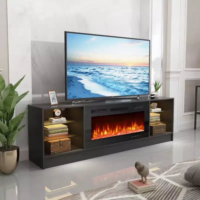 Erommy Mobile TV con Caminetto, con Caminetto Elettrico da 40 Pollici, Centro Intrattenimento con Ripiani Regolabili in Vetro, Console TV per Televisori Fino a 79 Pollici