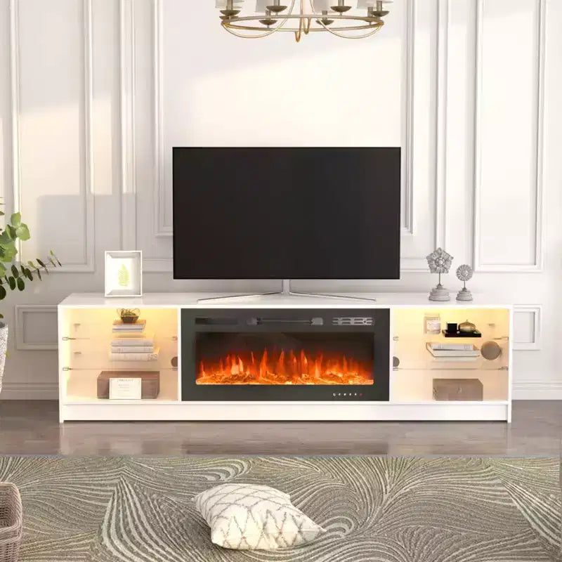 Erommy Mobile TV con Caminetto, con Caminetto Elettrico da 40 Pollici, Centro Intrattenimento con Ripiani Regolabili in Vetro, Console TV per Televisori Fino a 79 Pollici