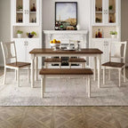 Set da pranzo retrò da 6 pezzi con 1 tavolo da pranzo in legno, 4 sedie e 1 panca, marrone + bianco - ModernLuxe